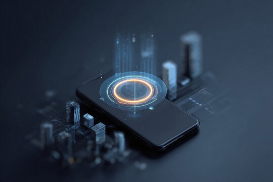 Futuristic phone displaying a holographic interface over a digital city. Captures tech innovation, connectivity, and the power of mobile communication. Perfect for tech concepts.