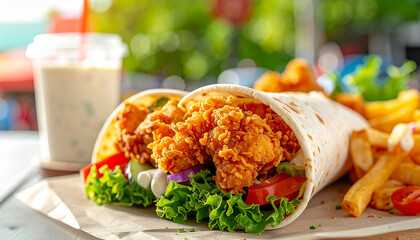 Crispy Fried Chicken Wrap with French Fries and a Drink in the Background crispy chicken