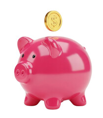 Pink piggy bank with gold coin falling transparent background cutout png