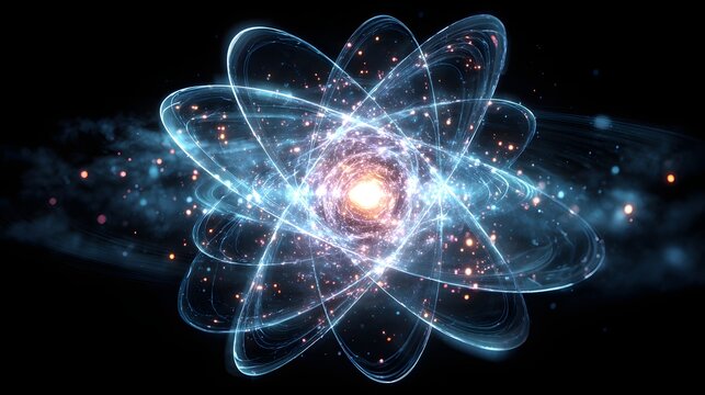 Glowing subatomic particle structure radiates energy against a dark background
