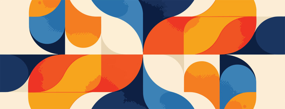 レトロモダンな幾何学模様の抽象的なベクター背景、オレンジ、青、クリーム色の調和したパターンデザイン
