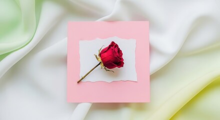 Elegant red rose presentation on pink square with soft fabric backdrop