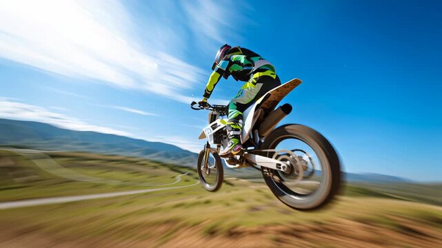 Airborne motocross rider over desert track, soaring through blue sky with motion blur, green gear athlete executing high speed stunt above dusty offroad trail,