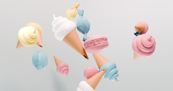 A 3D illustration of various stylized sweets and desserts floating against a light background. Candies, ice cream, caramels, and pastel-colored macarons are featured. Dessert ads featuring food and co