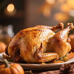 Juicy Roasted Chicken Surrounded by Fall Elements and Decorative Pumpkins