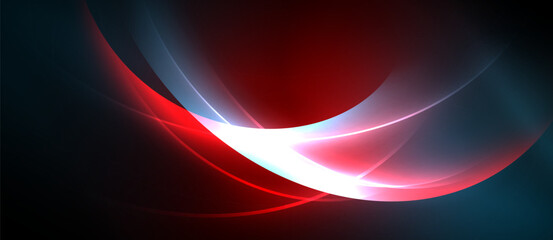 Abstract design features flowing curves, vibrant red, blue hues. Bright white light emanates from center, creating dynamic visual effect.