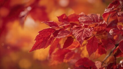 Fototapeta premium Autumn leaves on a tree branch with vibrant red and orange colors. Nature and seasonal scene. Fall foliage and couleurs d'automne.