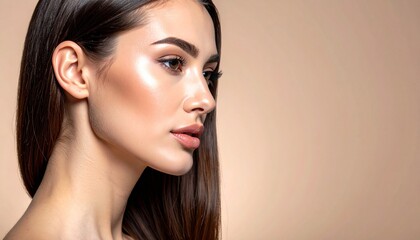 Naklejka premium 横顔に映えるストレートヘアと滑らかな肌｜美容・ヘアケア・背景・広告に使える高解像度イメージ 