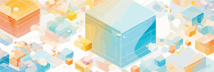 カラフルな幾何学的な立方体が重なり合う、抽象的でモダンな背景デザイン。ベクターイラスト。