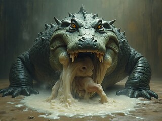 Giant Creature with Spikes and Menacing Expression in Mysterious Setting