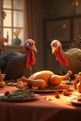 Two Turkeys Gazing at a Roast Chicken on a Festive Table Setting
