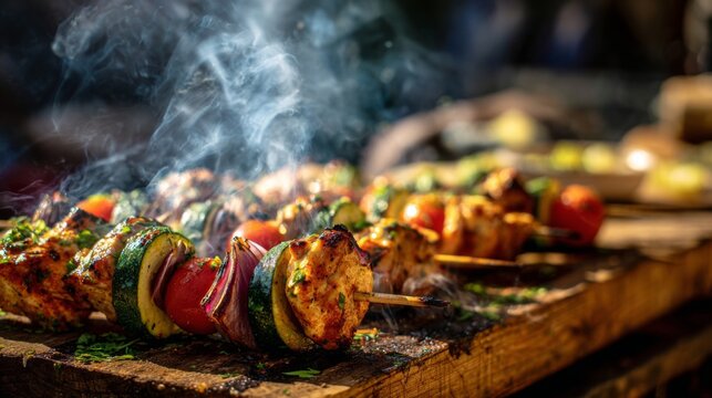 Grilled Chicken and Vegetable Kebabs with Smoke and Char on Wooden Plank Background for Outdoor Cooking and Barbecue Enthusiasts