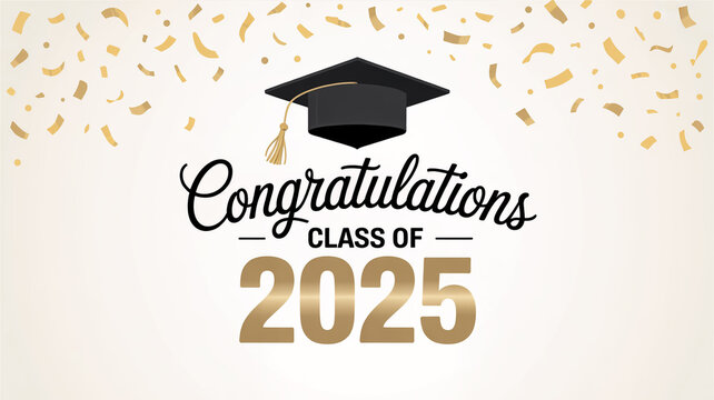 Graduation digital illustration, white background, gold confetti shower, detailed black cap with flowing gold tassel, metallic 3D '2025', centered festive design.