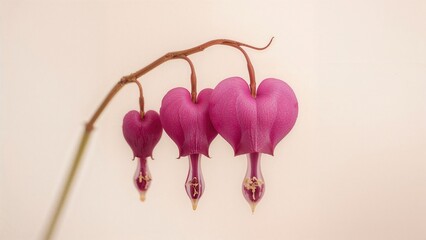 Fototapeta premium Three pink heart-shaped flowers hanging from a branch.