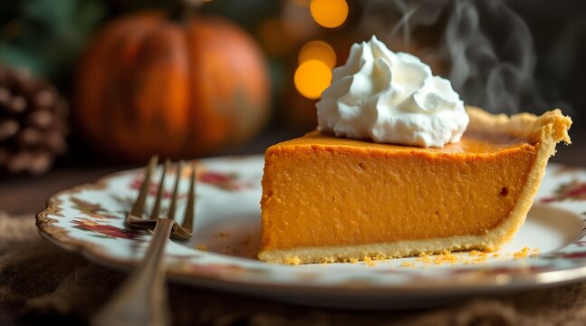 Steaming Pumpkin Pie Slice with Whipped Cream