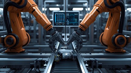 Ultra-realistic industrial scene with robotic arms assembling a high-tech component on a modern automated production line. Advanced manufacturing, precision robotics and smart factory technology.