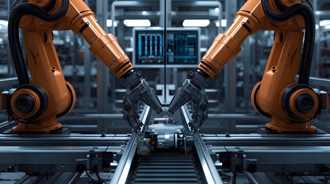 Ultra-realistic industrial scene with robotic arms assembling a high-tech component on a modern automated production line. Advanced manufacturing, precision robotics and smart factory technology.