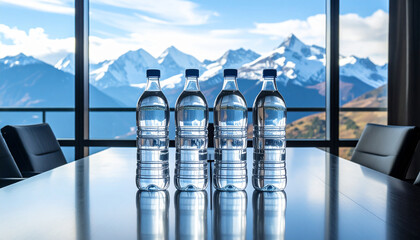 Four Bottles of Water Lined Up on a Table with Mountain Landscape Through Window Keywords: water, bottles, clear