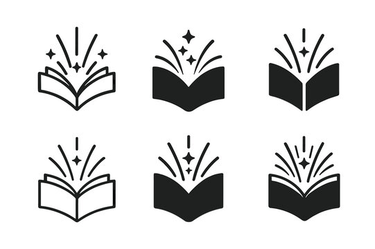 Magical Spellbook Logos. Magical transformation. Icon set. Set Logo of magical transformation: spell book opening with light. harmonious logo variations of the