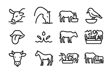 Animal Drinking Behaviors. Animal drinking behavior. Line icon set of animal drinking behavior: cow lapping water, horse head down, goat at trough, bird on