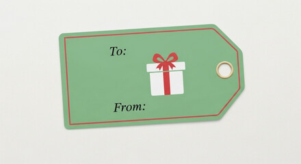 Green gift tag with red border featuring a white present icon with a red bow, and blank 'to:' and 'from:' fields, ready for personalized gifting
