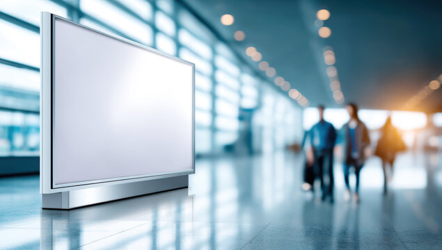 Blank billboard advertising display in airport terminal with blurred people walking, space for text or brand promotion