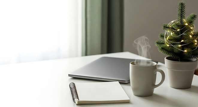 A cozy, minimalist workspace features a steaming mug, a closed laptop, a notebook, and a small potted Christmas tree with fairy lights. Soft natural light from a window creates a peaceful, productive.