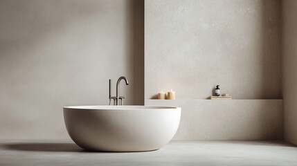 Serene minimalist bathroom with a round tub, warm candle light, and neutral tones creating a calming spalike atmosphere. Ideal for relaxation and wellness themes.