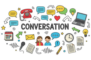 Colorful conversation icons with diverse communication tools and symbols