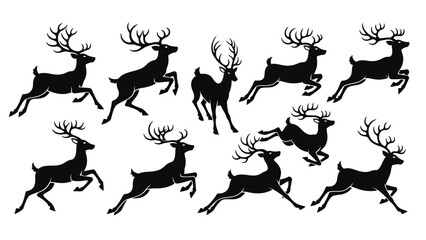 Collection of Black Silhouettes of Reindeer in Various Poses, Illustrating Movement and Grace
