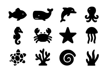Obraz premium Aquatic Icons Grid. Aquatic Fauna. Solid icon set of fish, whale, dolphin, octopus, seahorse, crab, starfish, jellyfish, turtle, coral, shell, seaweed. Filled