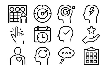 Behavioral Health Icons. Behavioral health. Line icon set of behavioral health: behavior chart, mood tracker, goal setting, stress level icon, impulse control,