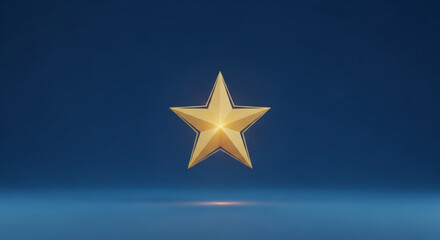 Shining golden 3d star on a sophisticated gradient blue background, symbolizing excellence, success, premium quality, achievement, and top rating.