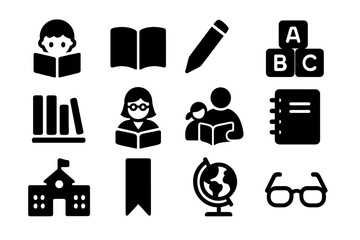Reading Program Icons. Reading Programs. Solid icon set of child reading, open book, pencil, alphabet blocks, library, teacher, storytelling, notebook, school