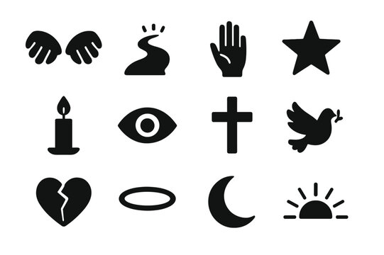 Spiritual Icon Collection. Spiritual Guidance. Solid icon set of Spiritual Guidance: angel wings, light path, hand reaching up, star, candle, third eye, cross,