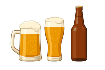 Assortment of beer drinks in a stein, pilsner glass, and sealed bottle