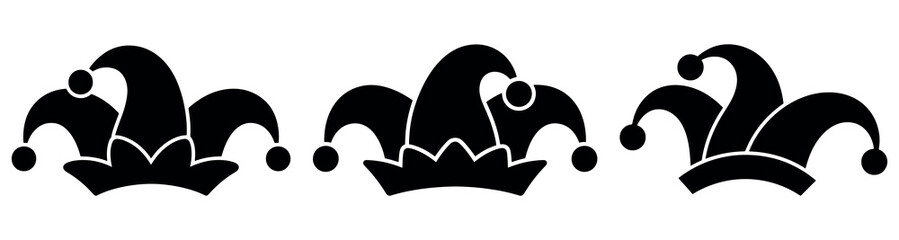 Elegant jester hat silhouette vector set featuring playful carnival shapes, festive decorative curves and classic clown-style outlines, perfect for celebration themes, party graphics and fun creative 