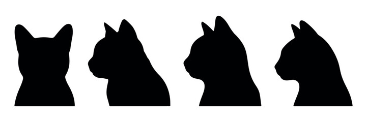 Series of cat head silhouette vectors showcasing clean feline side profiles, perfect for pet branding, stickers, icons, animal graphics, and elegant design elements for creative illustration projects.