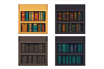 Four pixelated bookshelves filled with colorful books displayed in various color palettes