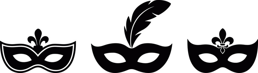 Elegant carnival mask silhouette set featuring decorative masquerade masks with ornate feathers and classic festival details, perfect for party invitations, celebration graphics and stylish costume 