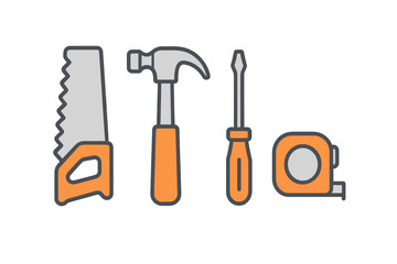 Set of essential construction and repair tools including handsaw, hammer, and screwdriver