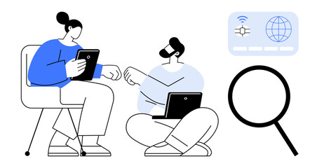 Two people interact using a tablet and laptop, emphasizing teamwork. Magnifying glass, network card represent research, connectivity, and exploration. Ideal for collaboration, digital learning