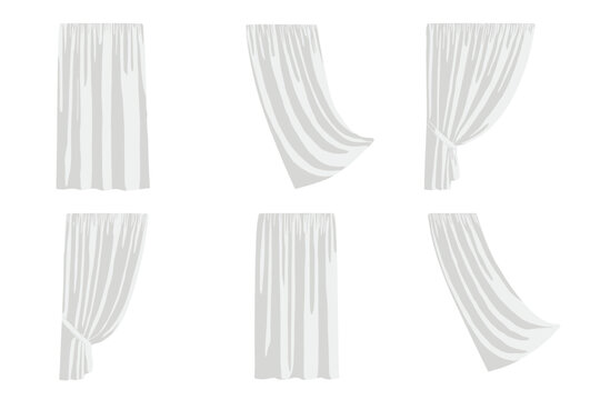 Realistic white curtains set in various positions and styles for interior design