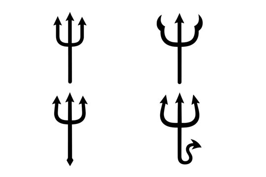 Stylized black trident and devil pitchfork symbols set for mythology and evil themes
