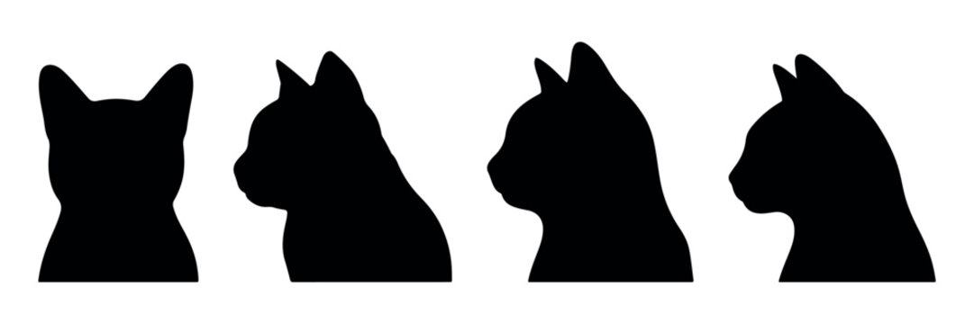 Series of cat head silhouette vectors showcasing clean feline side profiles, perfect for pet branding, stickers, icons, animal graphics, and elegant design elements for creative illustration projects.