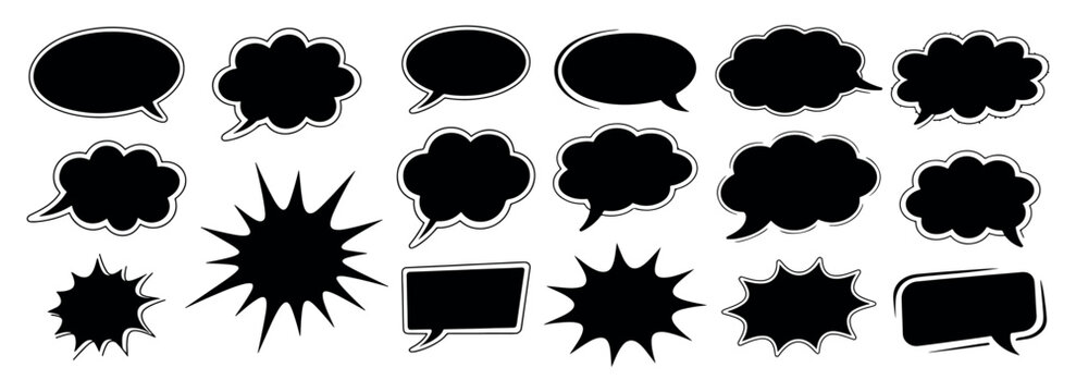 Bold comic speech bubble silhouette vector set featuring dynamic dialogue clouds, impact bursts, dramatic reaction shapes and expressive message frames ideal for cartoons, pop art and graphic 