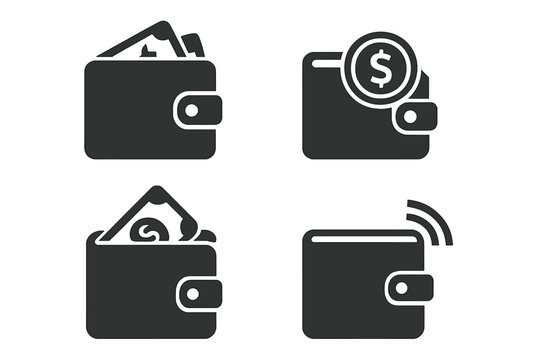 Monochrome set of four symbols representing wallets, cash, currency, and digital payment methods
