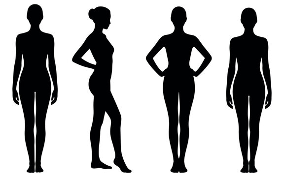Female silhouette pose set, female silhouette set featuring various standing body poses, ideal for fashion design, anatomy reference, fitness themes, model studies, and modern minimal vector