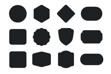 Twelve blank black shapes and silhouettes suitable for badges, stickers, and labels
