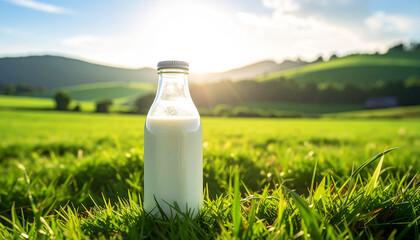 Glass bottle of fresh milk in a green grassy field at sunrise with rolling hills dairy
